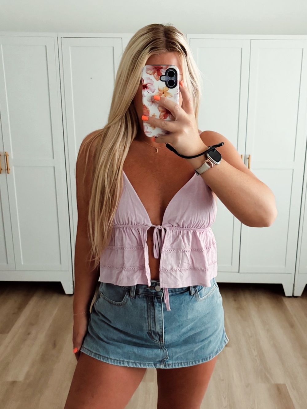 Pink open front tie knit crochet top